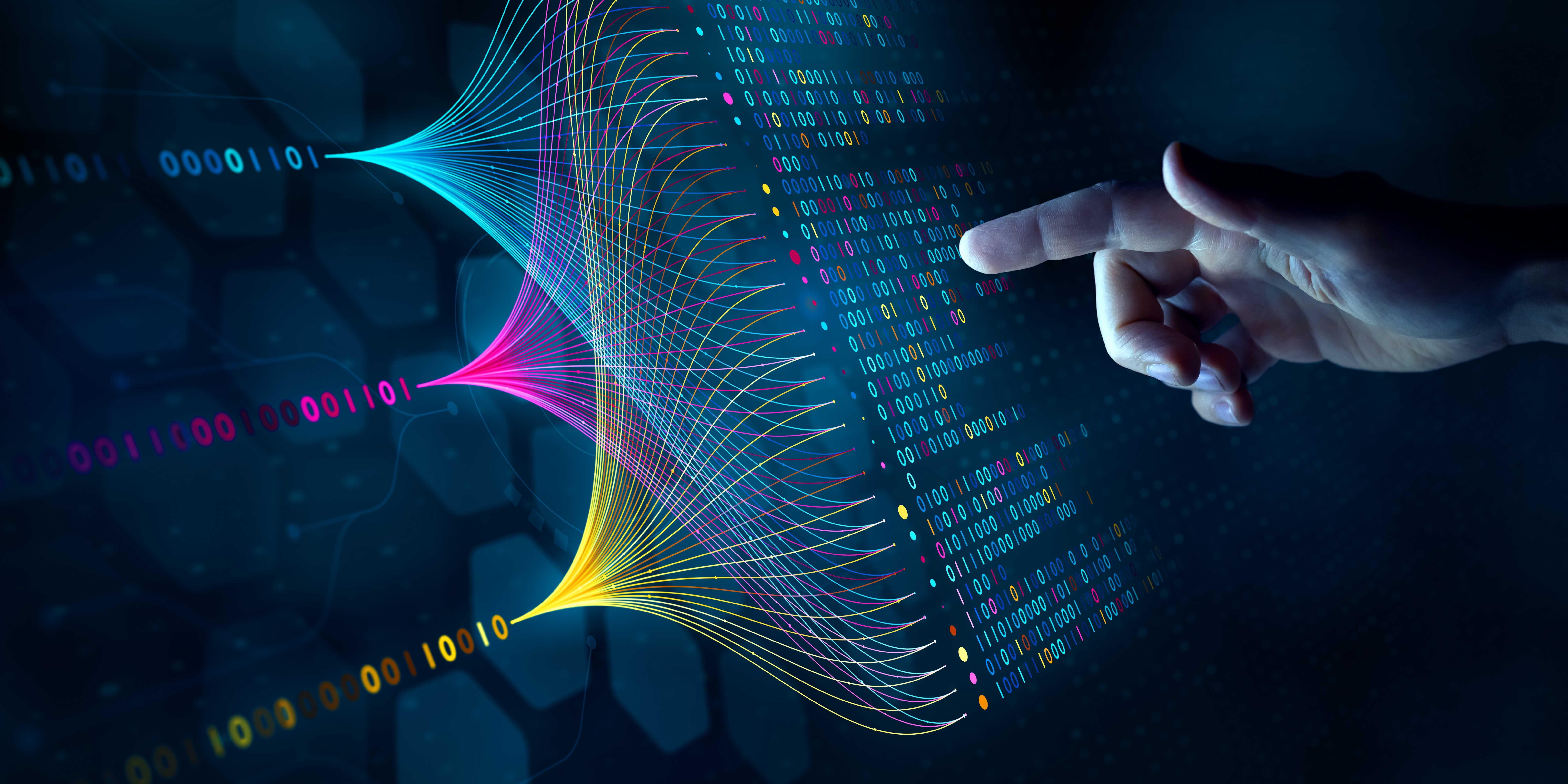 Digital technology with colorful data streams and binary code