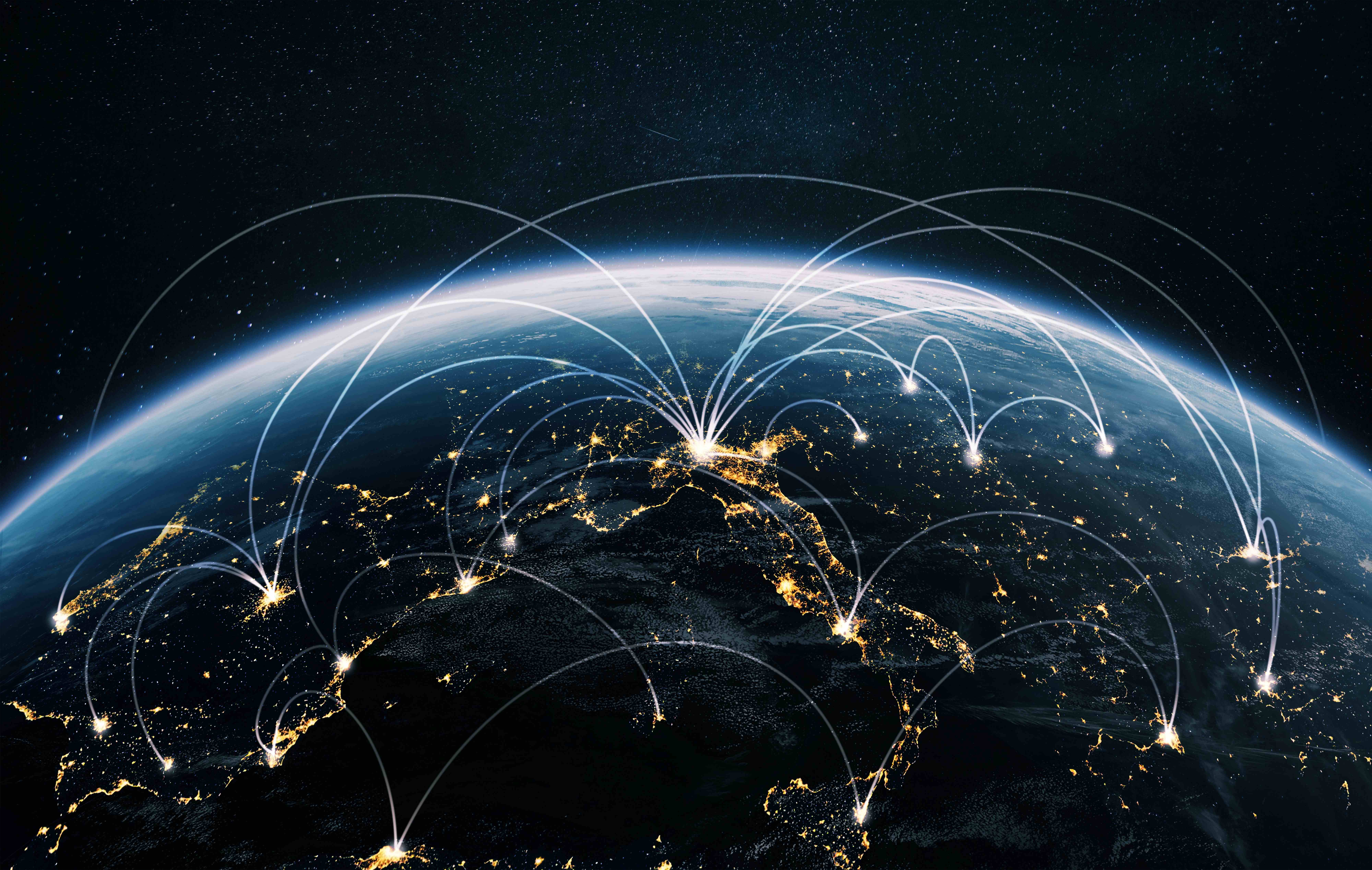 Earth from space showing global network connections and city lights