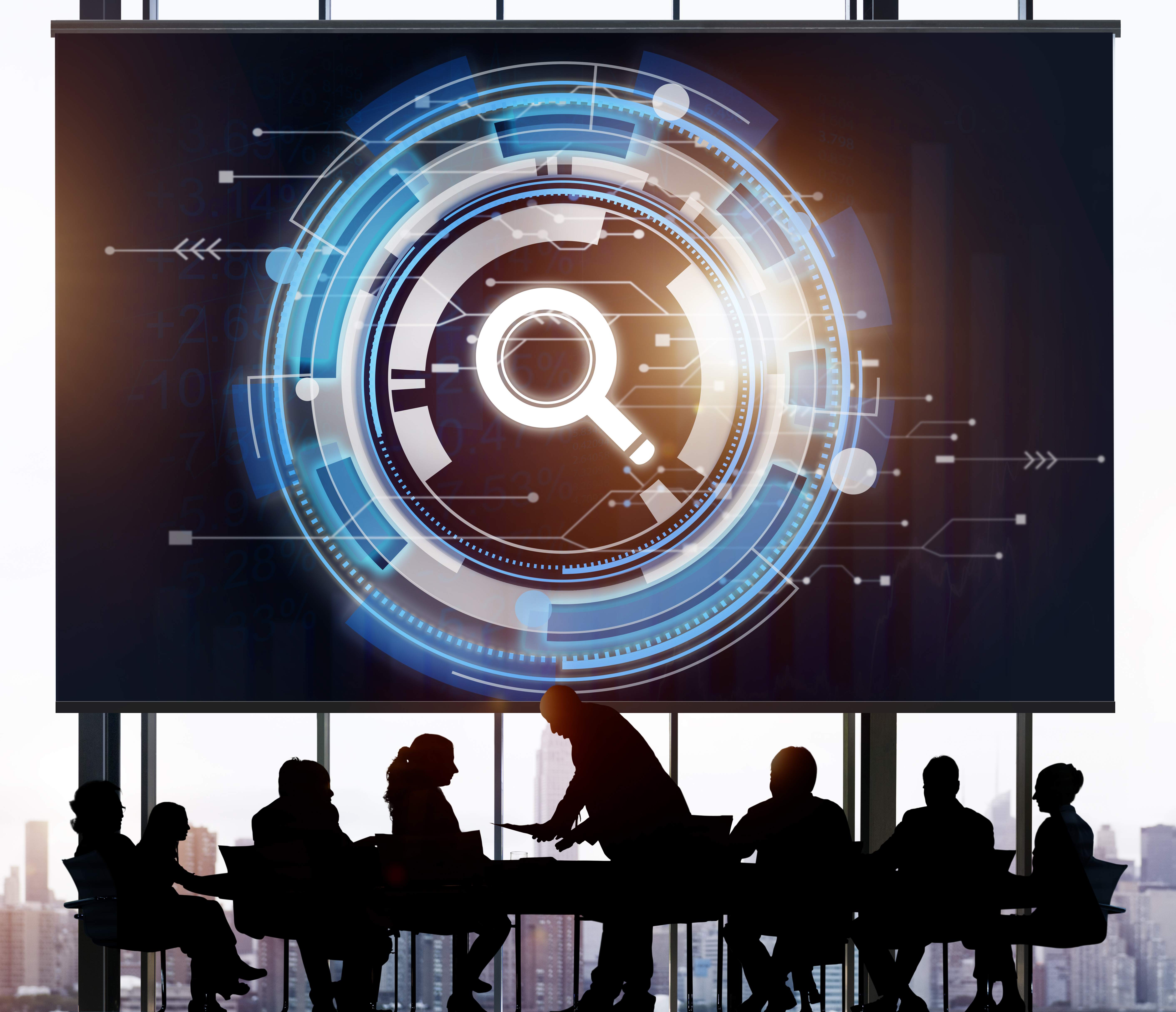 Business meeting with digital technology interface